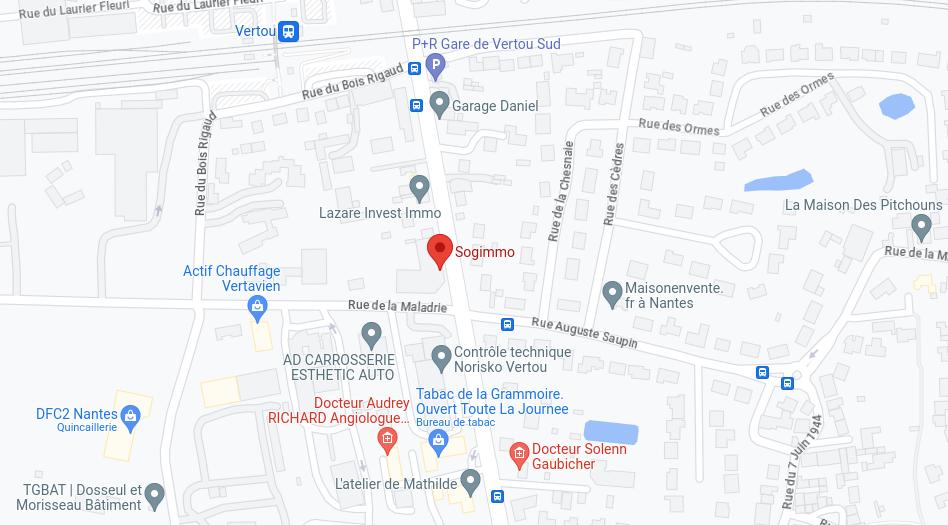 Copie d'écran du plan Google map représentant l'adresse de Sogimmo à Vertou.